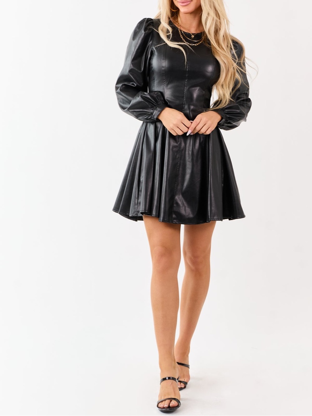 New Flying Tomato Black Faux Leather Puff-Sleeve Skater Mini Dress size large
